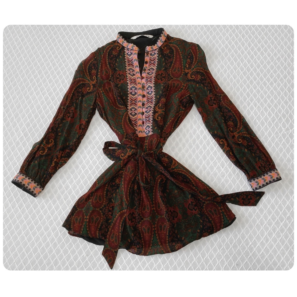 Zara | boho paisley print mini dress with waist tie